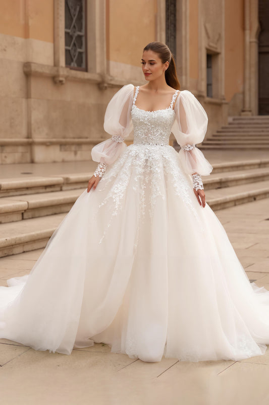 Ivory Ball Gown Sweep Train Tulle Wedding Dress with Sleeves