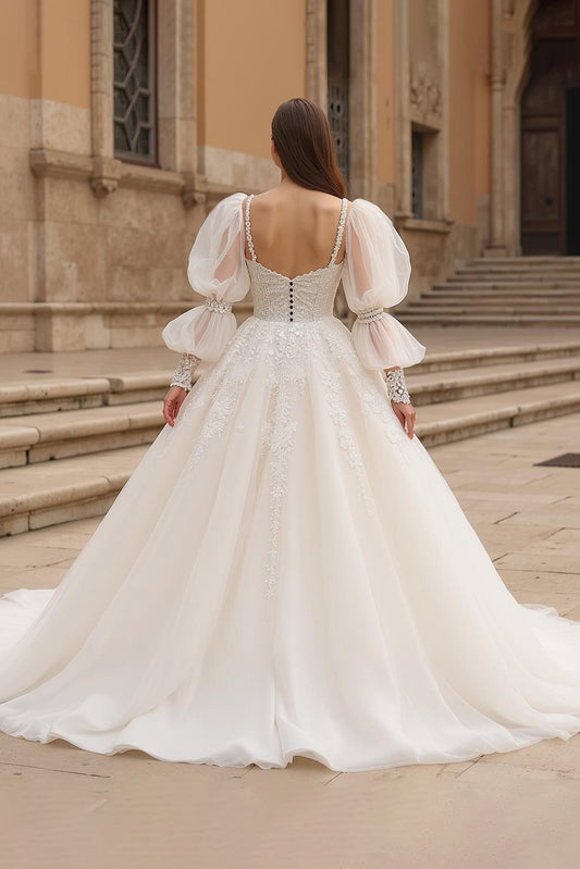 Ivory Ball Gown Sweep Train Tulle Wedding Dress with Sleeves