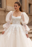 Ivory Ball Gown Sweep Train Tulle Wedding Dress with Sleeves