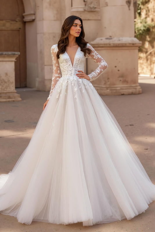 Ivory Ball Gown V-Neck Sweep Train Tulle Wedding Dress with Lace