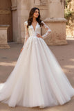 Ivory Ball Gown V-Neck Sweep Train Tulle Wedding Dress with Lace