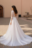 Ivory Ball Gown V-Neck Sweep Train Tulle Wedding Dress with Lace
