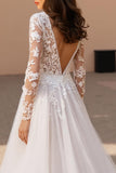 Ivory Ball Gown V-Neck Sweep Train Tulle Wedding Dress with Lace