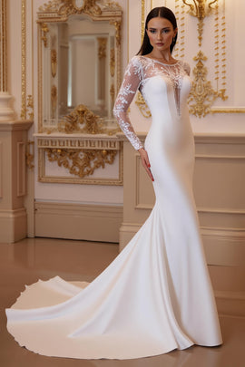 Ivory Mermaid Satin Sweep Train Wedding Dress with Sleeves