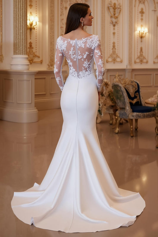 Ivory Mermaid Satin Sweep Train Wedding Dress with Sleeves