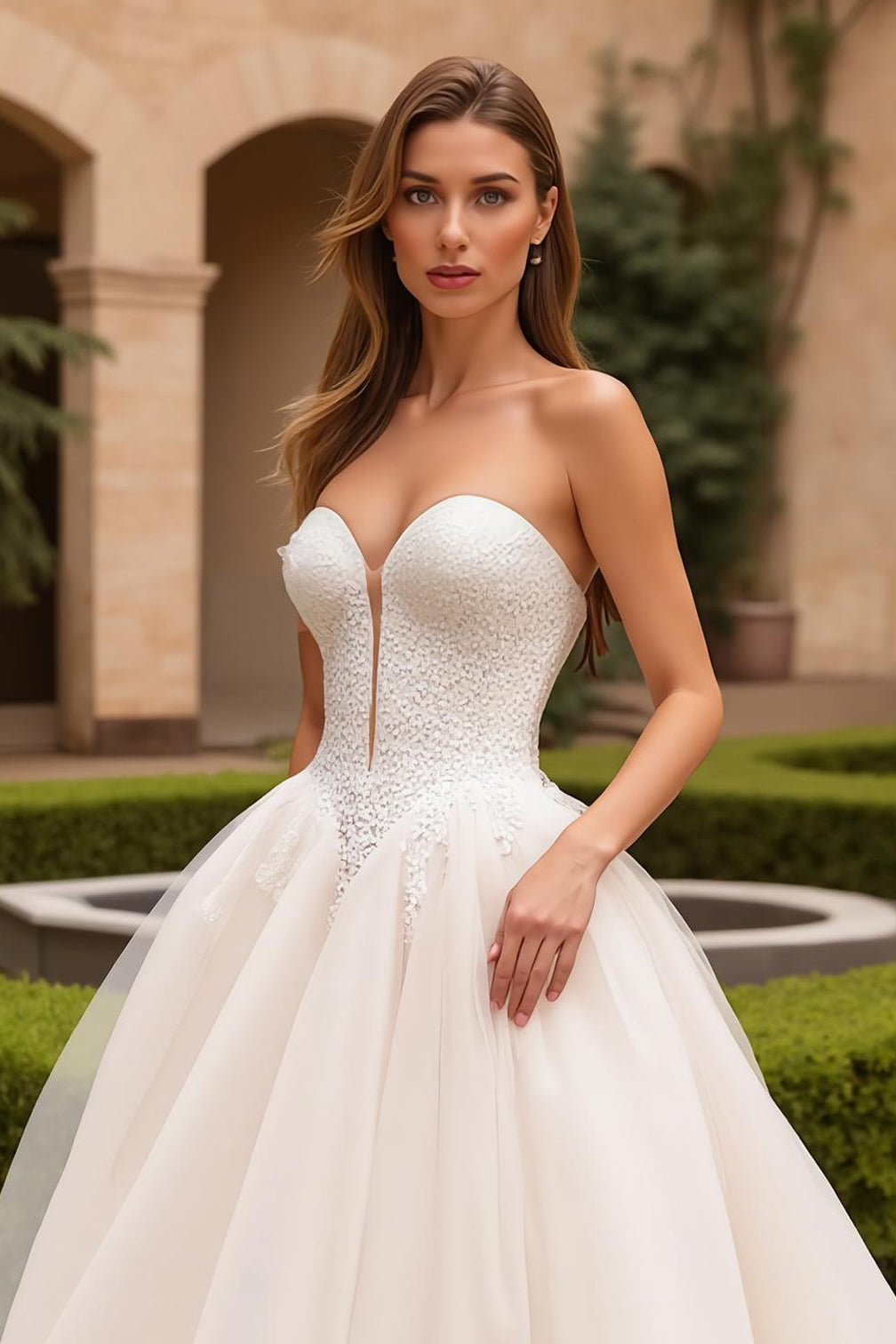 Ivory Sweetheart Ball Gown Tulle Sweep Train Wedding Dress
