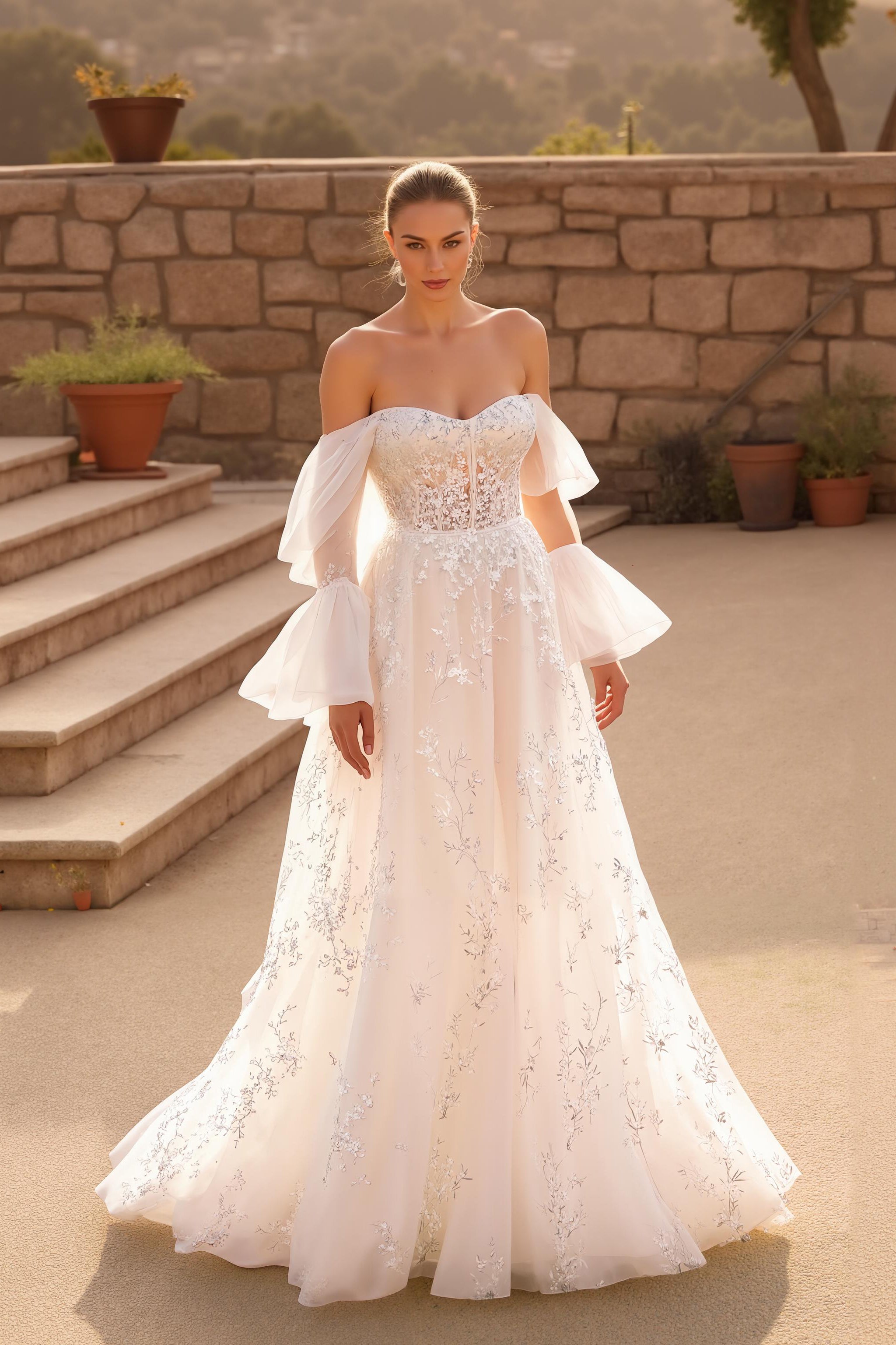 A Line Ivory Off the Shoulder Sweep Train Floral Wedding Dress with Lace