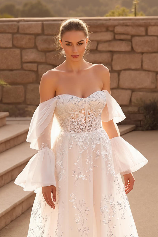 A Line Ivory Off the Shoulder Sweep Train Floral Wedding Dress with Lace