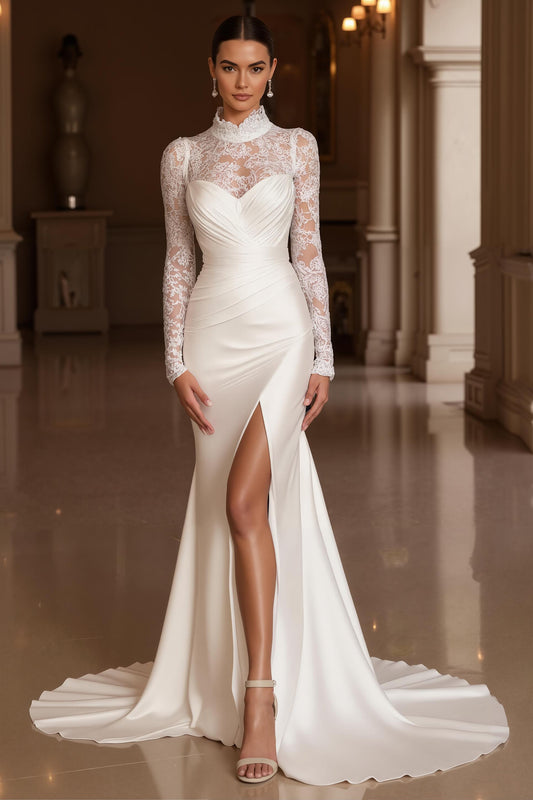 Ivory Mermaid Satin High Neck Sweep Train Vintage Wedding Dress with Slit