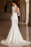 Ivory Mermaid Satin High Neck Sweep Train Vintage Wedding Dress with Slit