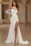 Ivory Satin Round Neck Sweep Train Wedding Dress with Slit
