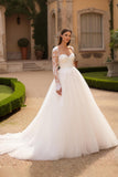 Ivory A Line Tulle Long Sleeves Sweep Train Wedding Dress with Lace