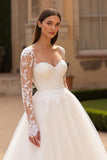 Ivory A Line Tulle Long Sleeves Sweep Train Wedding Dress with Lace