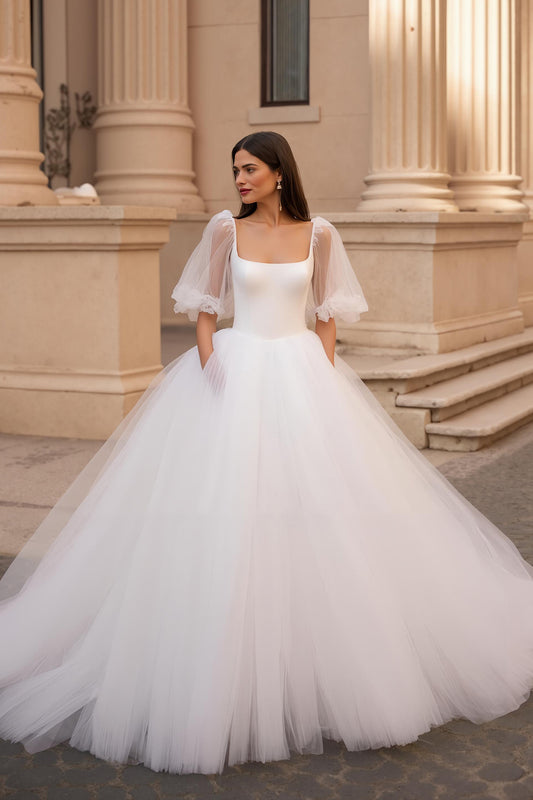 Ivory Half Sleeves Ball Gown Sweep Train Wedding Dress with Ruffles