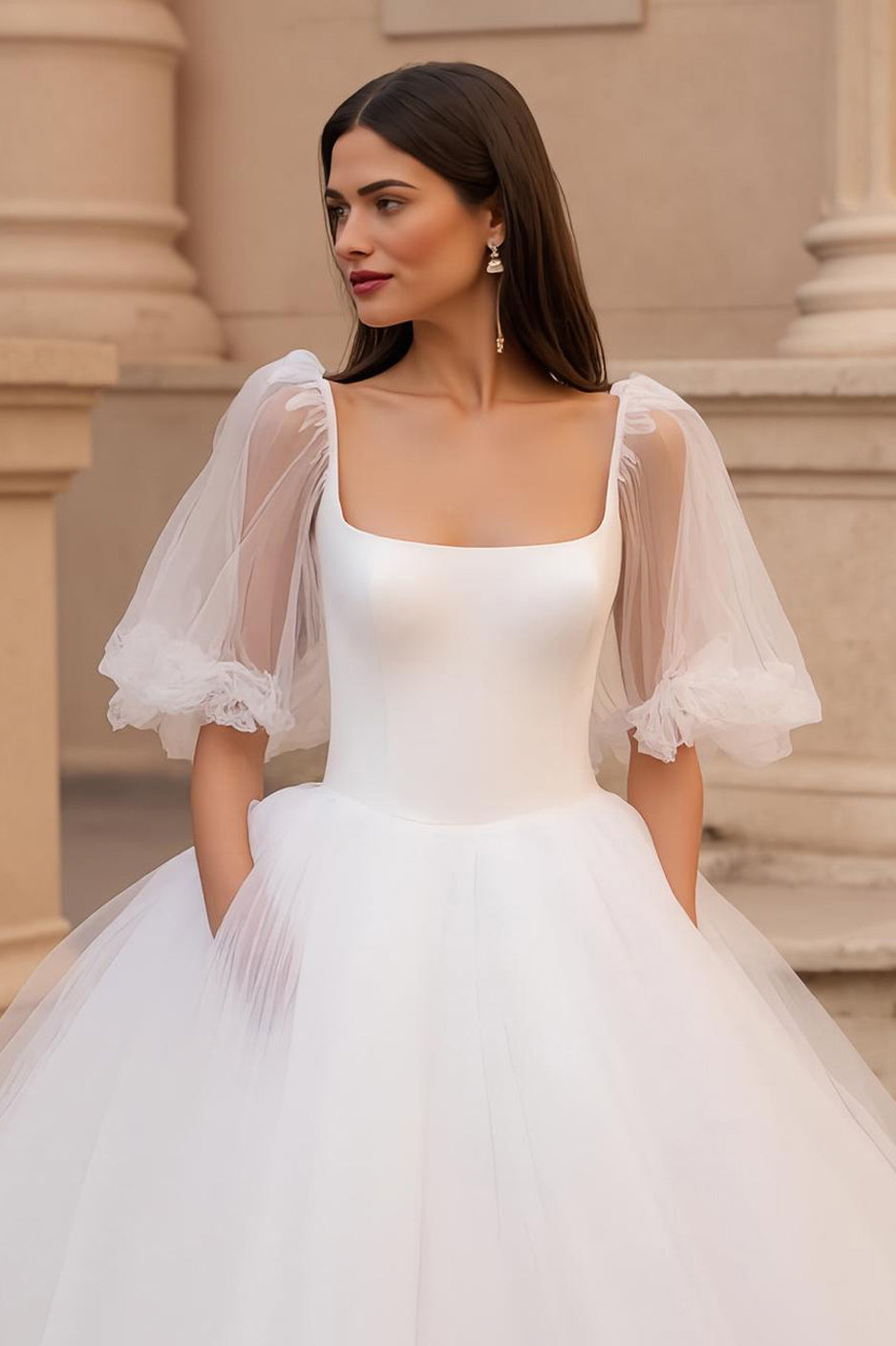 Ivory Half Sleeves Ball Gown Sweep Train Wedding Dress with Ruffles