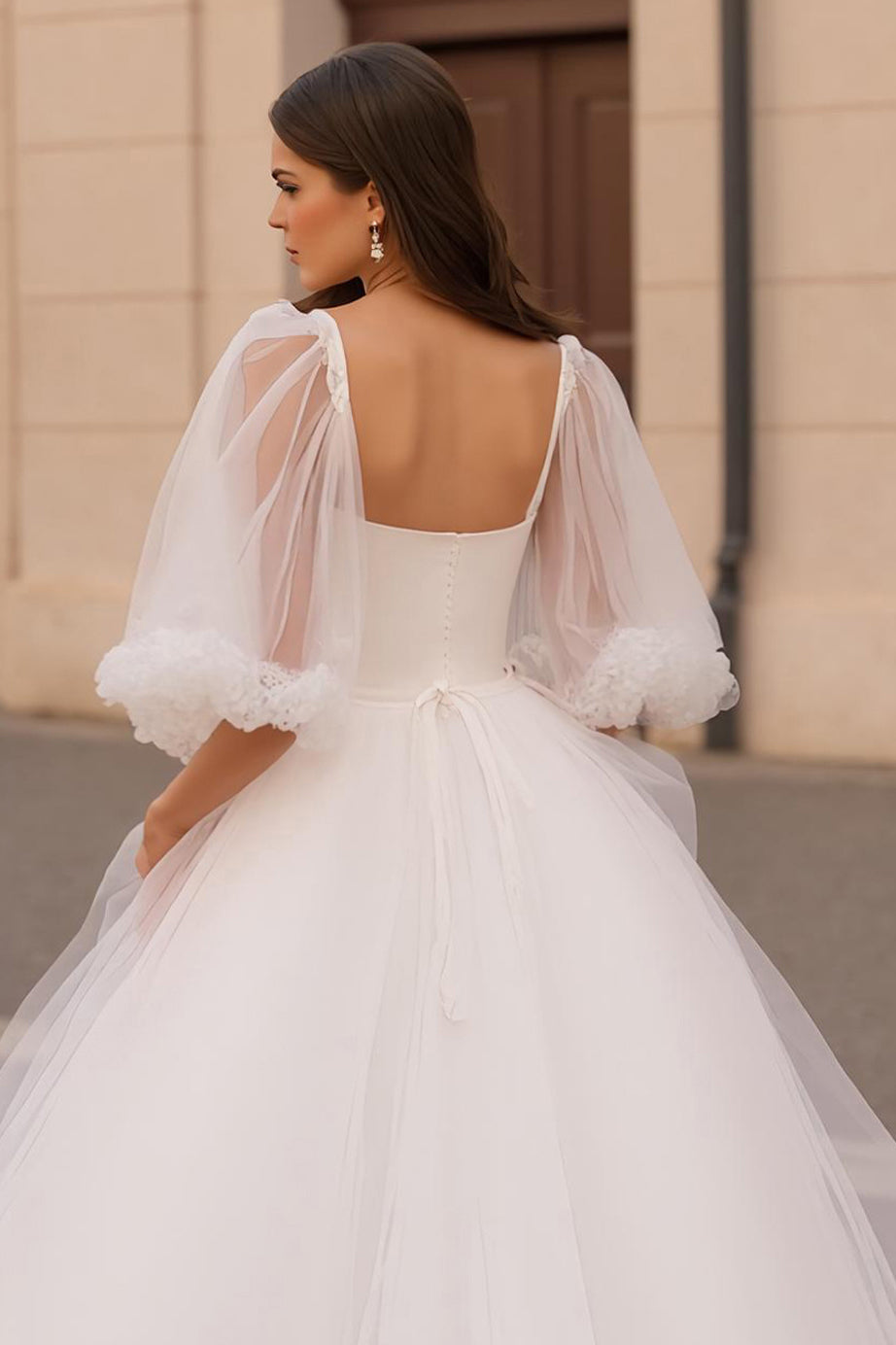 Ivory Half Sleeves Ball Gown Sweep Train Wedding Dress with Ruffles