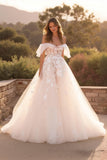 Ivory Off the Shoulder Ruffled Sweep Train Wedding Dress with Appliques