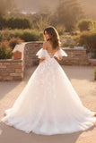 Ivory Off the Shoulder Ruffled Sweep Train Wedding Dress with Appliques
