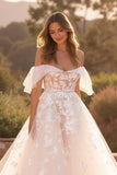 Ivory Off the Shoulder Ruffled Sweep Train Wedding Dress with Appliques