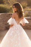 Ivory Off the Shoulder Ruffled Sweep Train Wedding Dress with Appliques