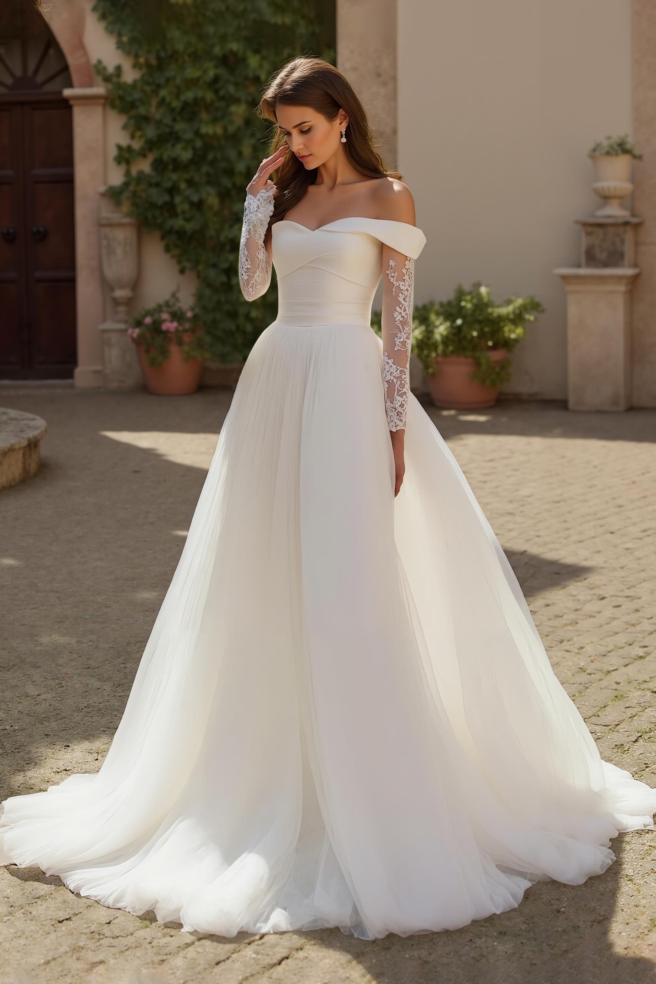 Ivory Long Sleeves Ruched Sweep Train Wedding Dress with Lace