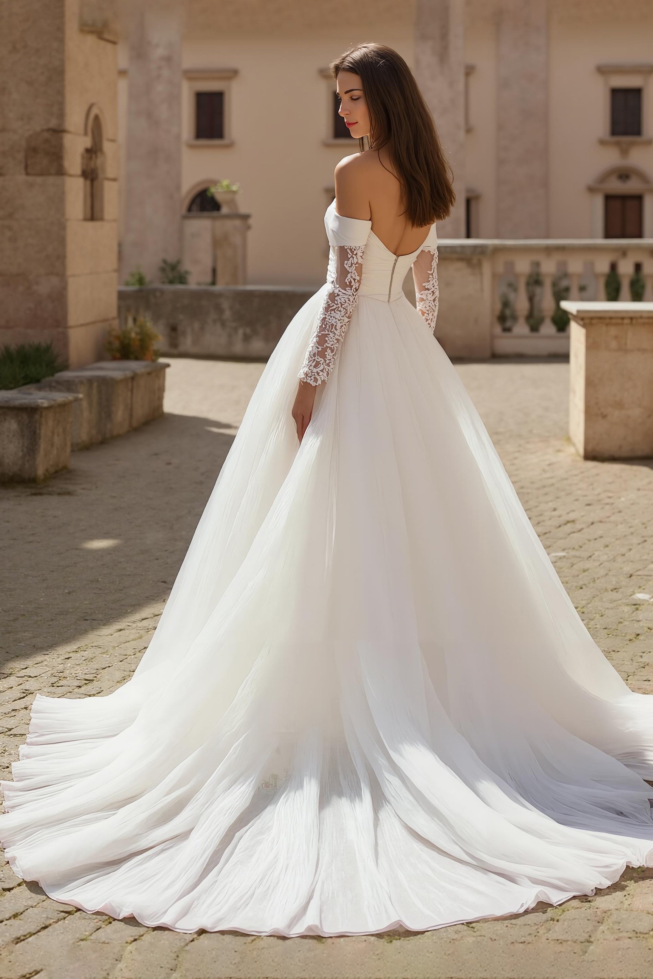 Ivory Long Sleeves Ruched Sweep Train Wedding Dress with Lace