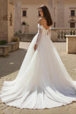Ivory Long Sleeves Ruched Sweep Train Wedding Dress with Lace