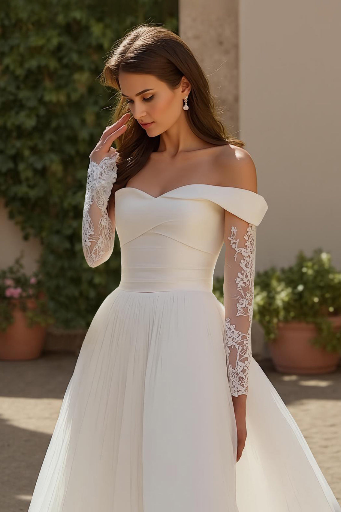 Ivory Long Sleeves Ruched Sweep Train Wedding Dress with Lace