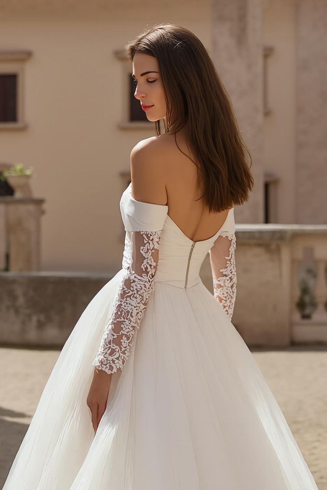 Ivory Long Sleeves Ruched Sweep Train Wedding Dress with Lace