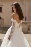 Ivory Long Sleeves Ruched Sweep Train Wedding Dress with Lace