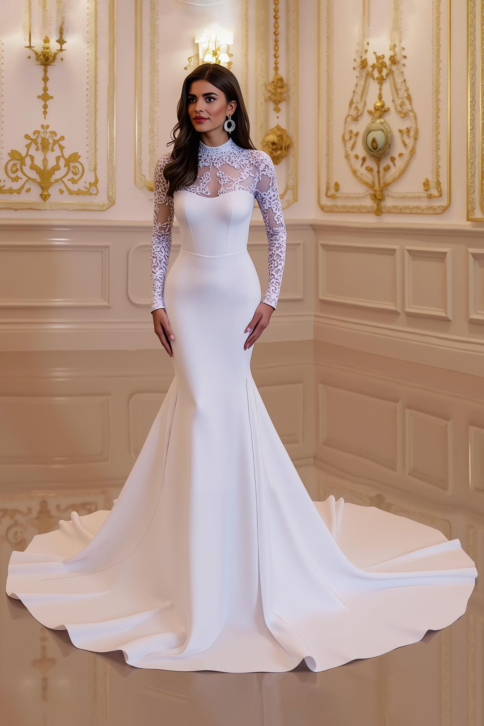 Ivory Long Sleeves Mermaid Sweep Train Vintage Wedding Dress with Lace