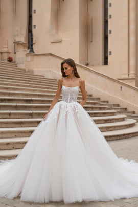 Ivory Corset Ball Gown Sweep Train Wedding Dress with Lace