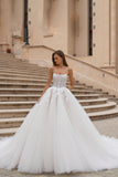 Ivory Corset Ball Gown Sweep Train Wedding Dress with Lace
