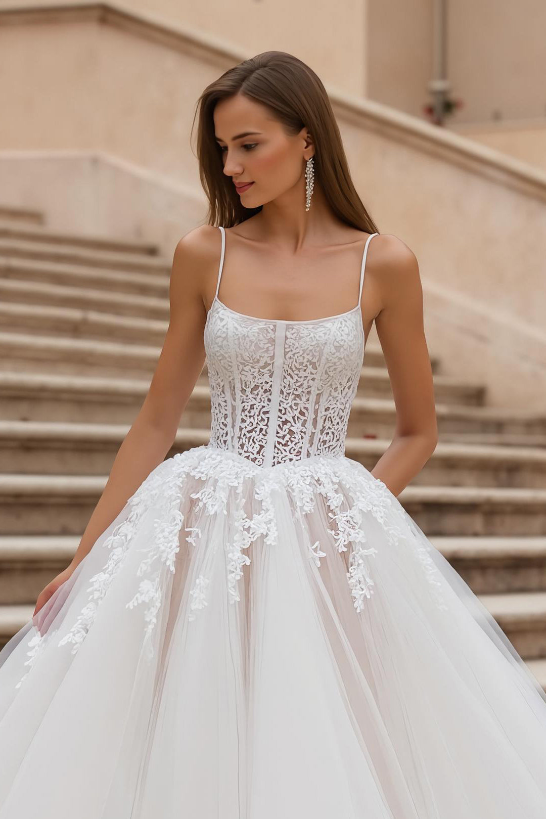 Ivory Corset Ball Gown Sweep Train Wedding Dress with Lace