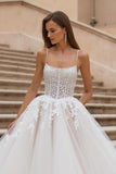 Ivory Corset Ball Gown Sweep Train Wedding Dress with Lace