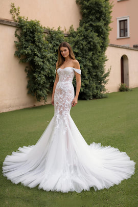 Lace Ivory Mermaid Off the Shoulder Sweep Train Wedding Dress