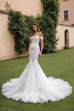 Lace Ivory Mermaid Off the Shoulder Sweep Train Wedding Dress