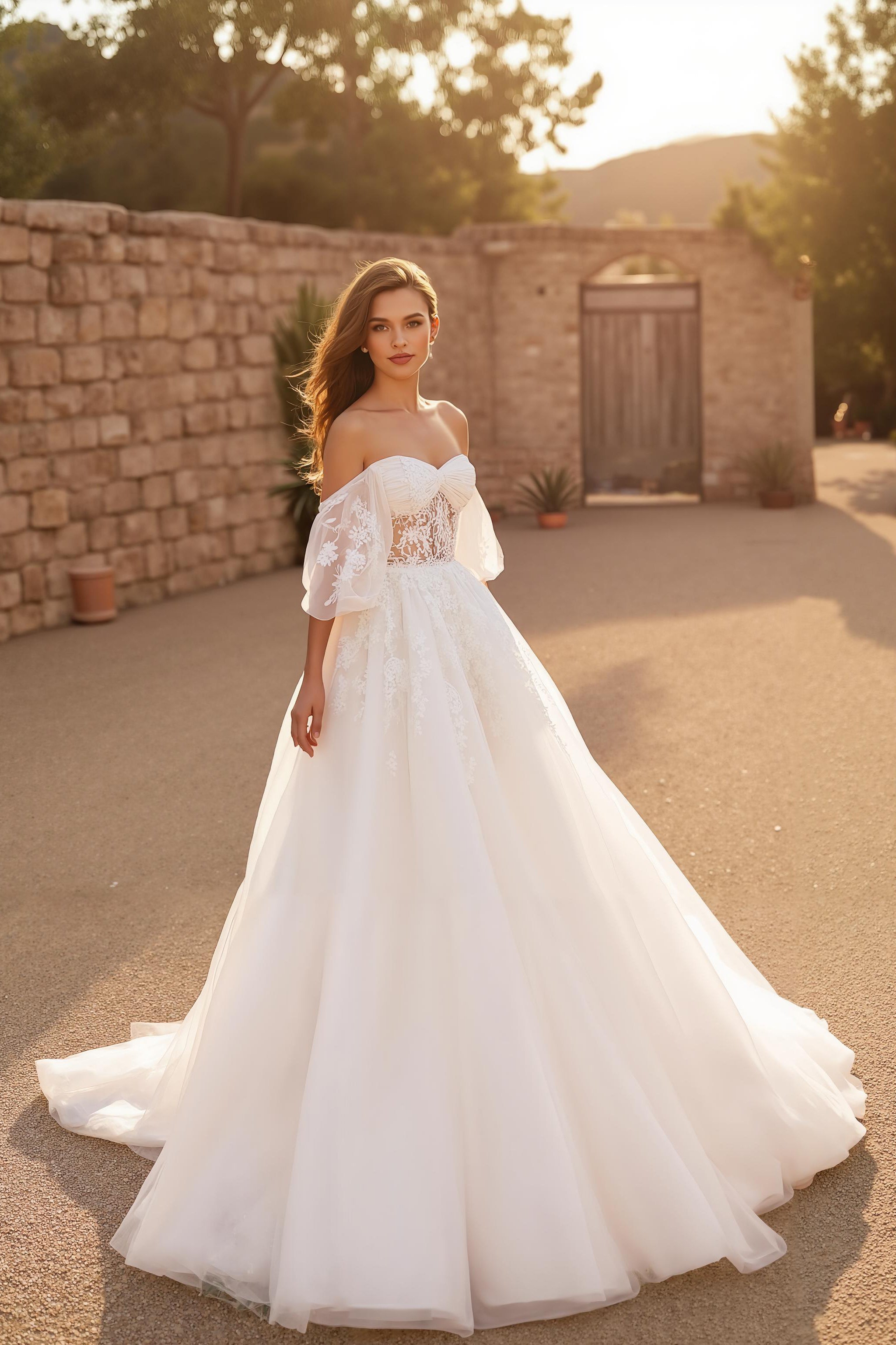 Ivory Backless Off the Shoulder Sweep Train Wedding Dress with Lace