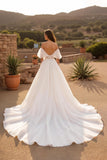 Ivory Backless Off the Shoulder Sweep Train Wedding Dress with Lace