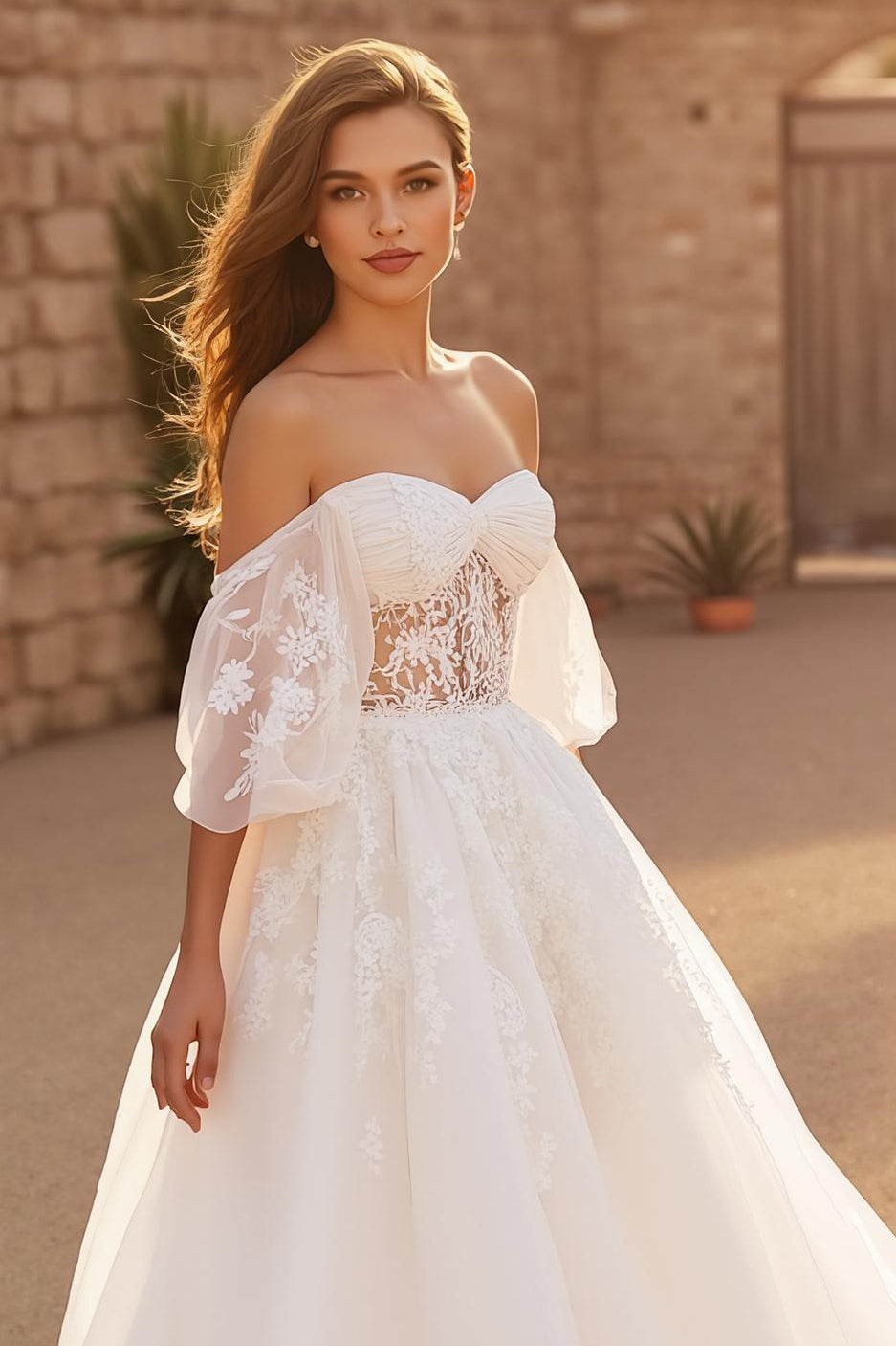 Ivory Backless Off the Shoulder Sweep Train Wedding Dress with Lace