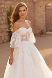 Ivory Backless Off the Shoulder Sweep Train Wedding Dress with Lace