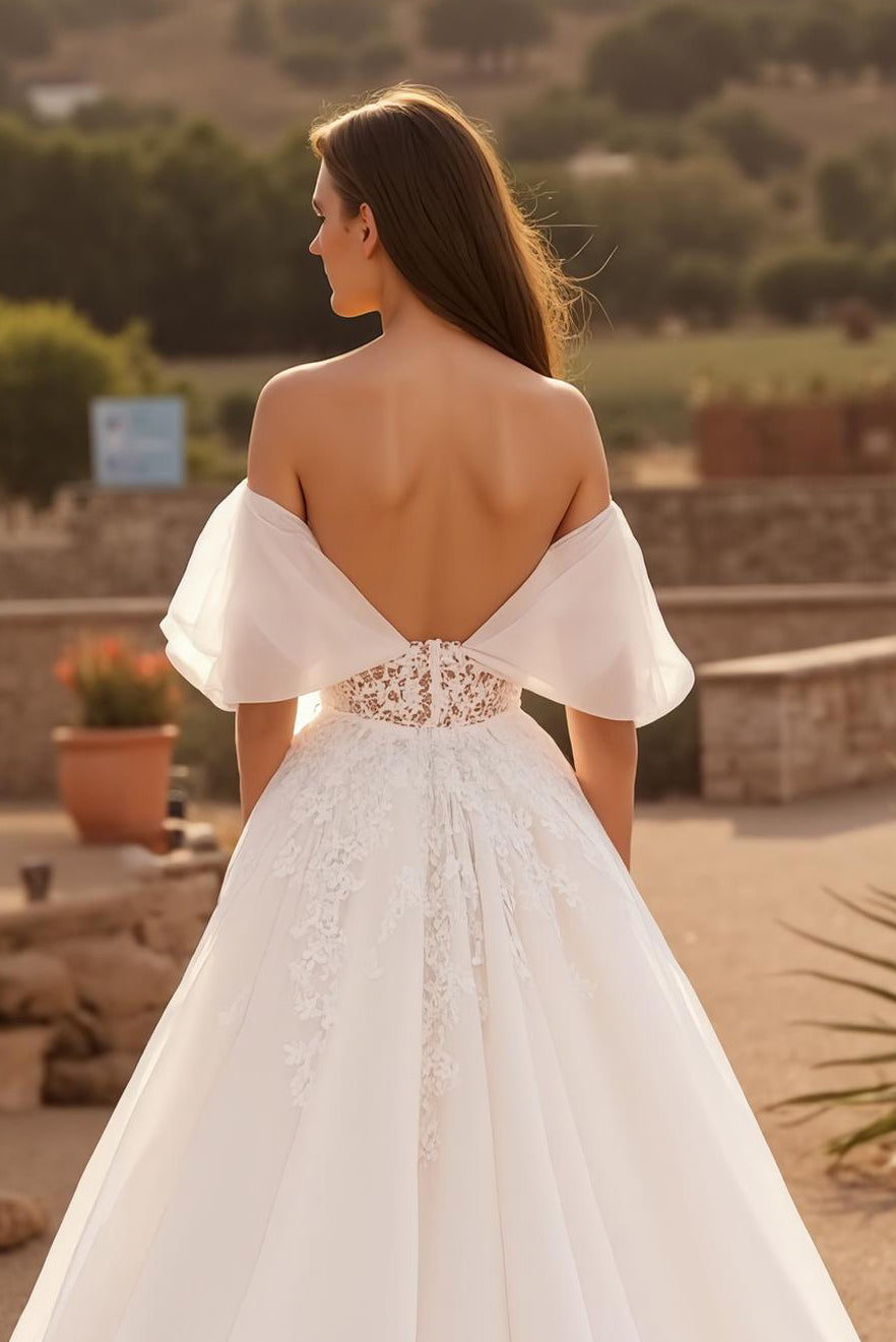 Ivory Backless Off the Shoulder Sweep Train Wedding Dress with Lace