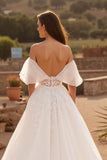 Ivory Backless Off the Shoulder Sweep Train Wedding Dress with Lace
