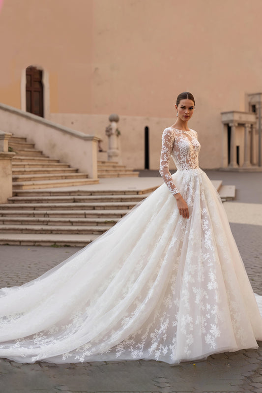 Ivory Lace Ball Gown Sweep Train Wedding Dress with Sleeves