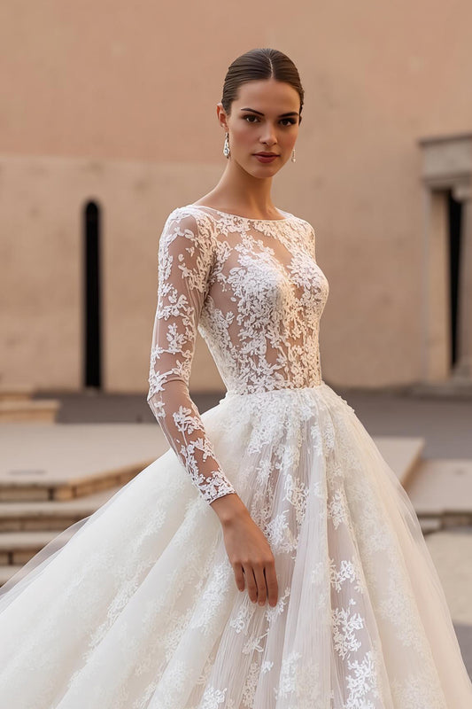 Ivory Lace Ball Gown Sweep Train Wedding Dress with Sleeves