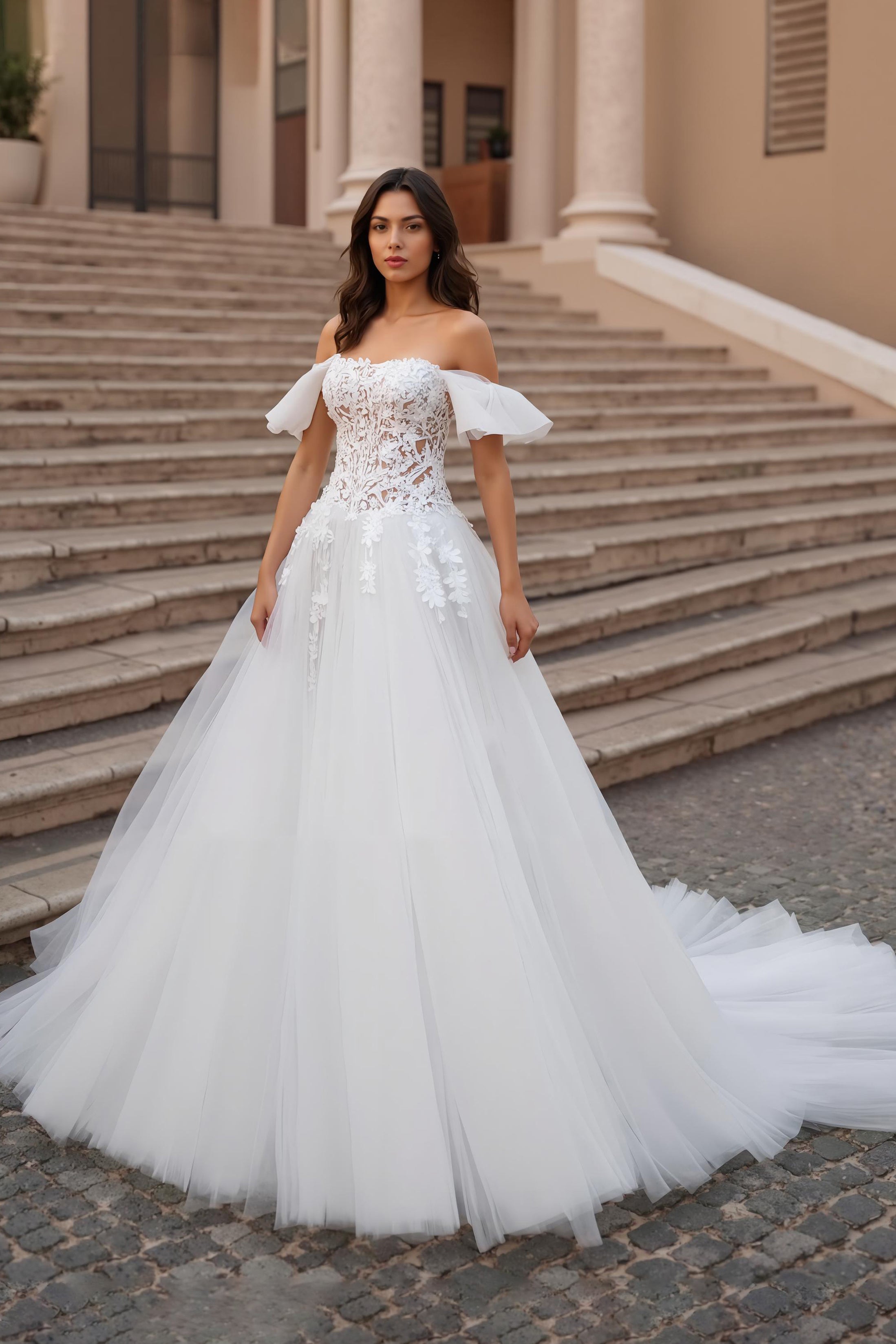 Ruffled Off the Shoulder Ivory Sweep Train Wedding Dress with Lace