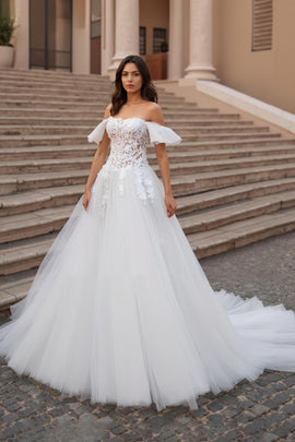 Ruffled Off the Shoulder Ivory Sweep Train Wedding Dress with Lace