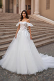 Ruffled Off the Shoulder Ivory Sweep Train Wedding Dress with Lace