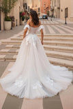 Ruffled Off the Shoulder Ivory Sweep Train Wedding Dress with Lace