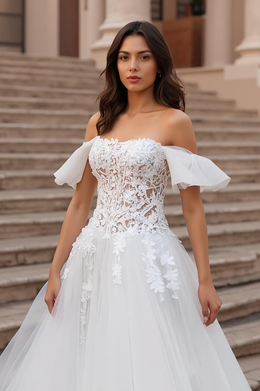Ruffled Off the Shoulder Ivory Sweep Train Wedding Dress with Lace